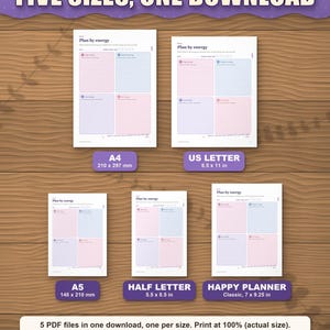 The planner in five paper sizes shown to scale: A4, US Letter, A5, Half Letter and Happy Planner Classic