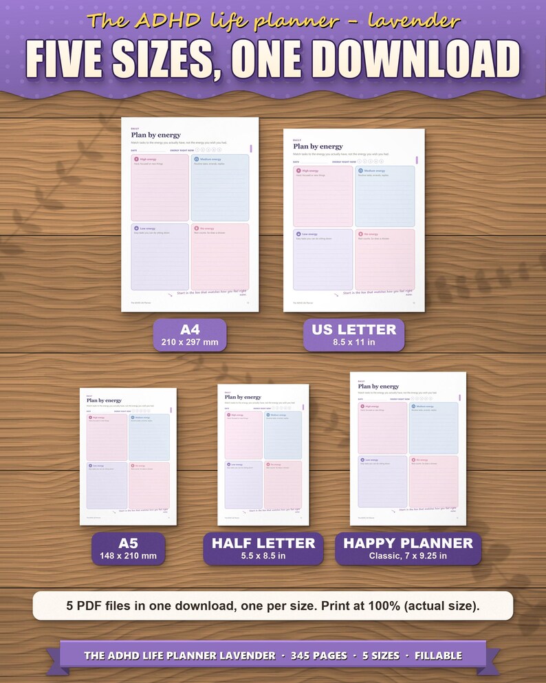 The planner in five paper sizes shown to scale: A4, US Letter, A5, Half Letter and Happy Planner Classic