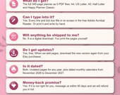 Frequently asked questions: what you get, typing into the PDF, no shipping, free updates, dated and undated, money back, sharing
