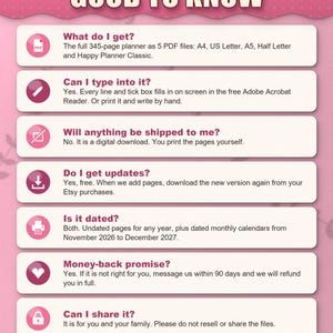 Frequently asked questions: what you get, typing into the PDF, no shipping, free updates, dated and undated, money back, sharing