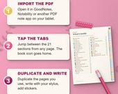How the digital planner works: import the PDF, tap the tabs, duplicate and write