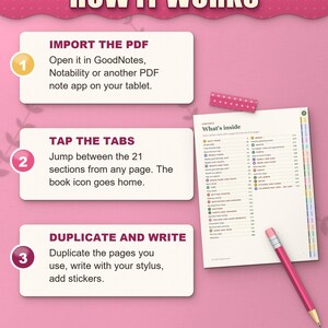 How the digital planner works: import the PDF, tap the tabs, duplicate and write