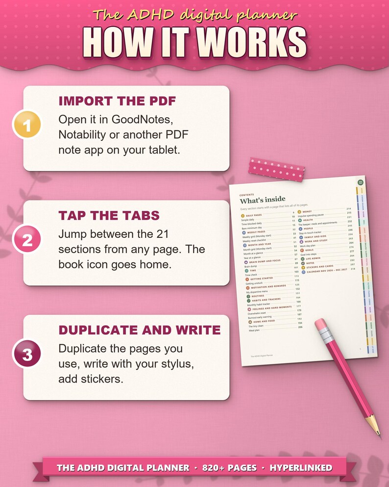 How the digital planner works: import the PDF, tap the tabs, duplicate and write