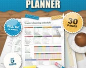 ADHD cleaning planner printable and fillable, one-page master cleaning schedule with ticked jobs, 30 pages, 5 sizes