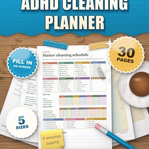 ADHD cleaning planner printable and fillable, one-page master cleaning schedule with ticked jobs, 30 pages, 5 sizes