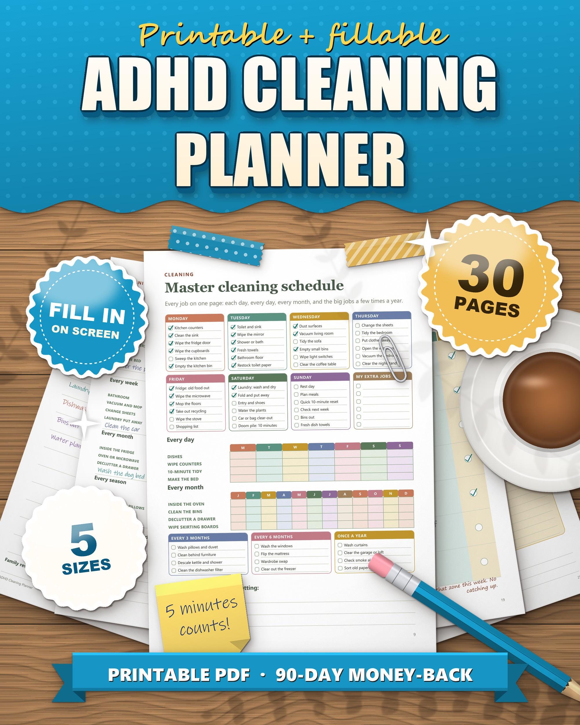 ADHD cleaning planner printable and fillable, one-page master cleaning schedule with ticked jobs, 30 pages, 5 sizes