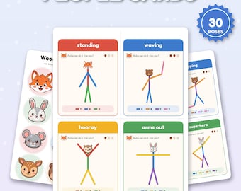 Desenhos de bonecos de palito para imprimir, 30 cartões com poses de bonecos de palito, cabeças de animais da floresta, atividade de coordenação motora fina para pré-escola, PDF para pasta de atividades