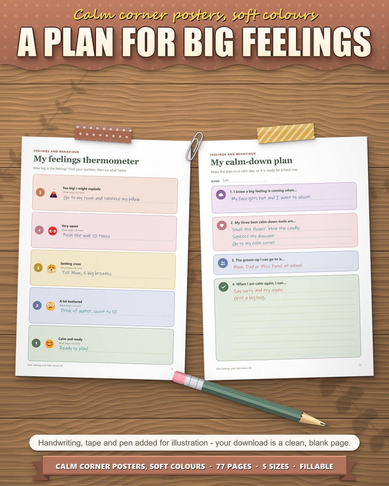 Feelings thermometer and calm-down plan filled in as an example
