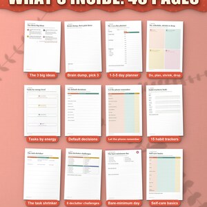 What's inside the ADHD daily survival kit: 12 of the 45 pages, from the three big ideas to self-care basics