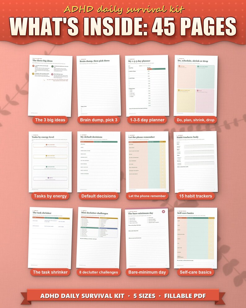 What's inside the ADHD daily survival kit: 12 of the 45 pages, from the three big ideas to self-care basics