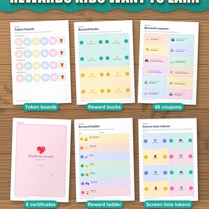 Reward charts for kids: token boards, reward bucks, 48 coupons, 8 certificates, reward ladder, screen time tokens