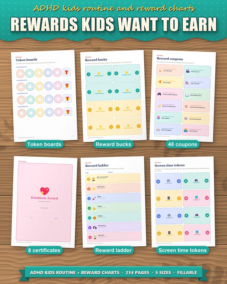 Reward charts for kids: token boards, reward bucks, 48 coupons, 8 certificates, reward ladder, screen time tokens