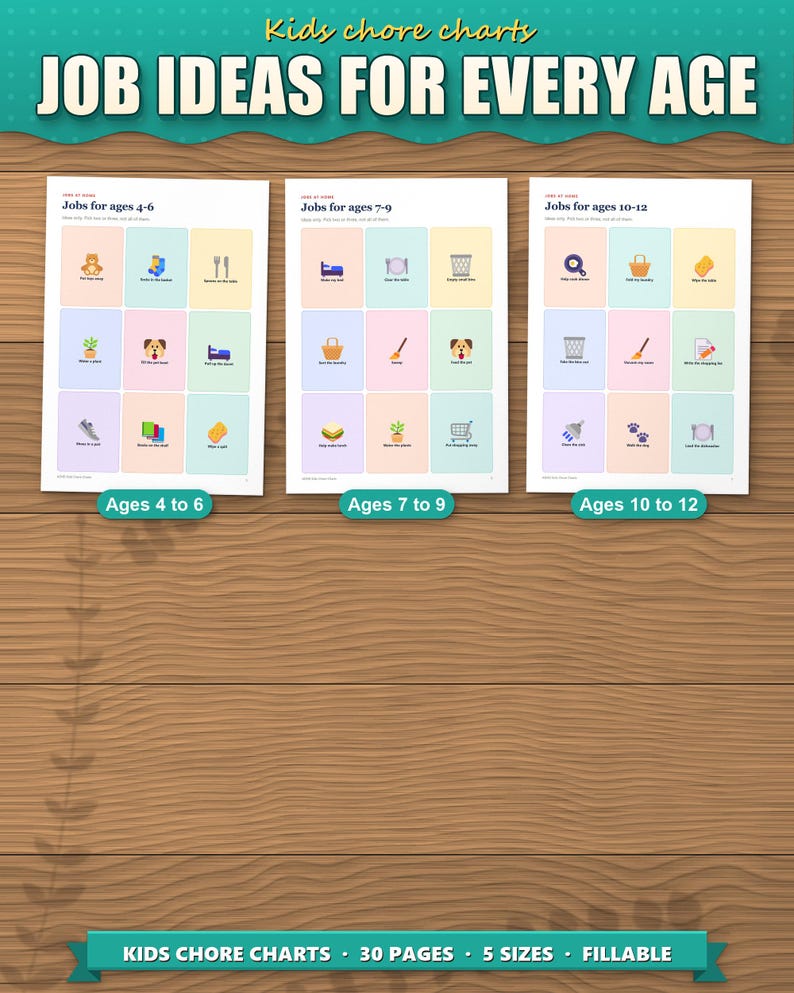 Job ideas with pictures for ages 4 to 6, 7 to 9 and 10 to 12