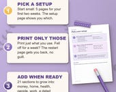 How the ADHD planner works: pick a setup, print only those pages, add sections when ready