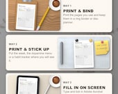Three ways to use the planner: print and bind, stick up, fill in on a tablet