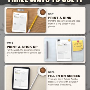 Three ways to use the planner: print and bind, stick up, fill in on a tablet