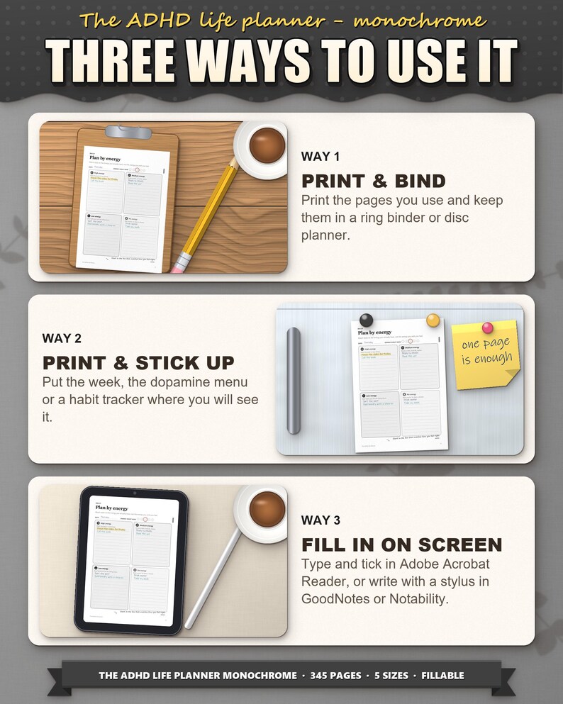 Three ways to use the planner: print and bind, stick up, fill in on a tablet