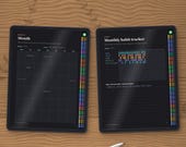 Month page and monthly habit tracker on tablets, filled in as an example