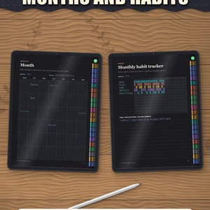 Month page and monthly habit tracker on tablets, filled in as an example