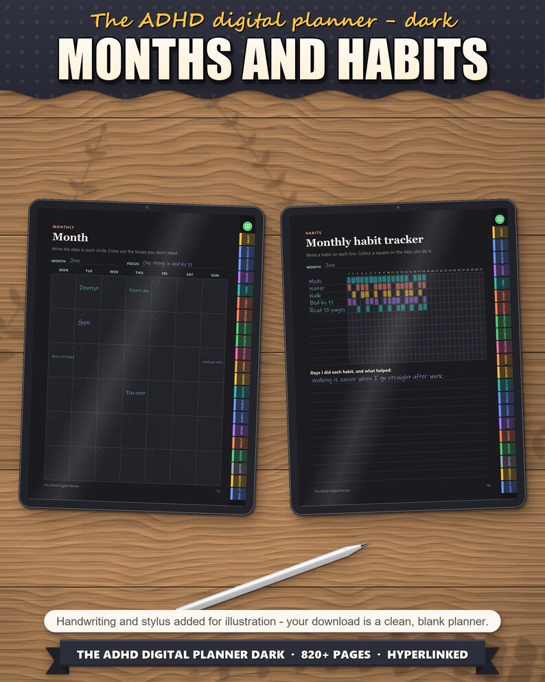 Month page and monthly habit tracker on tablets, filled in as an example
