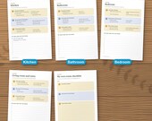 Room cleaning checklists for kitchen, bathroom, bedroom, living room and a blank room