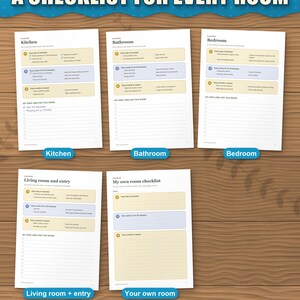 Room cleaning checklists for kitchen, bathroom, bedroom, living room and a blank room