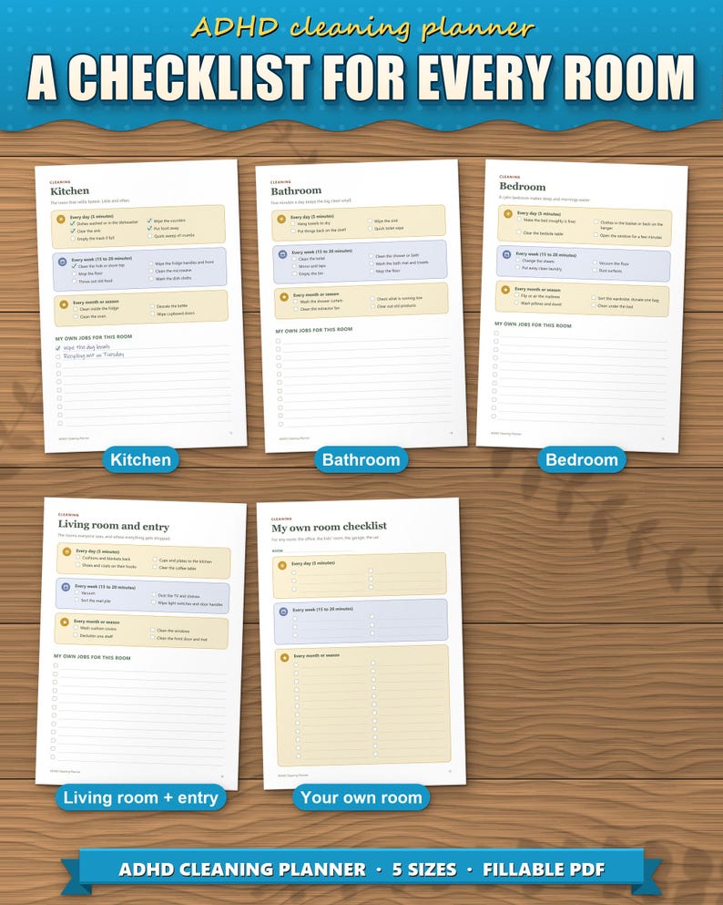 Room cleaning checklists for kitchen, bathroom, bedroom, living room and a blank room