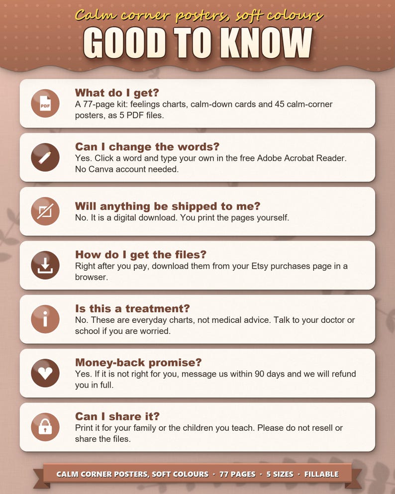 Frequently asked questions: what you get, typing into the PDF, no shipping, download, sharing