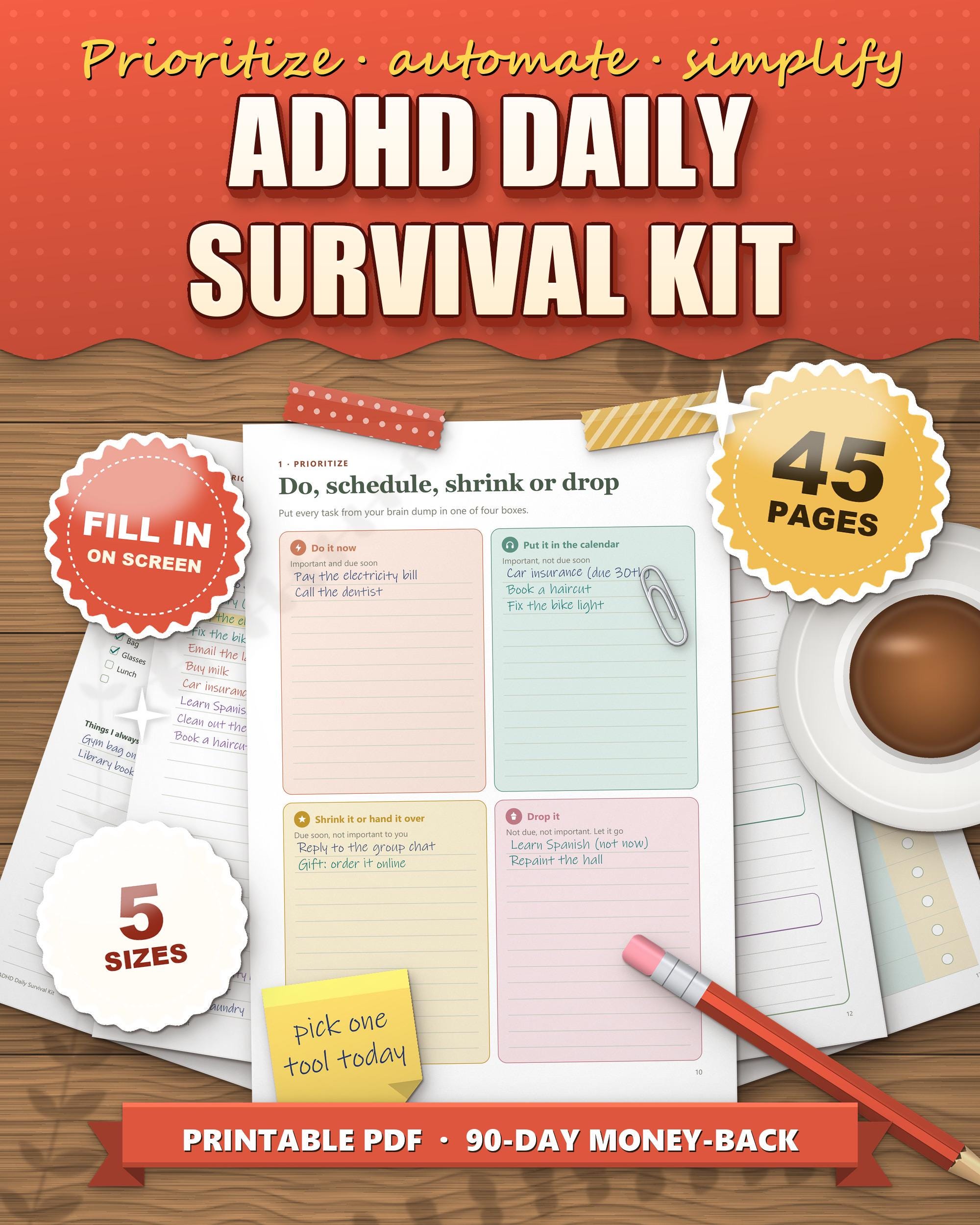ADHD daily survival kit printable and fillable, do, schedule, shrink or drop page filled in by hand, 45 pages, 5 sizes