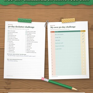 30-day declutter challenge with ticked days, next to a blank challenge to write your own