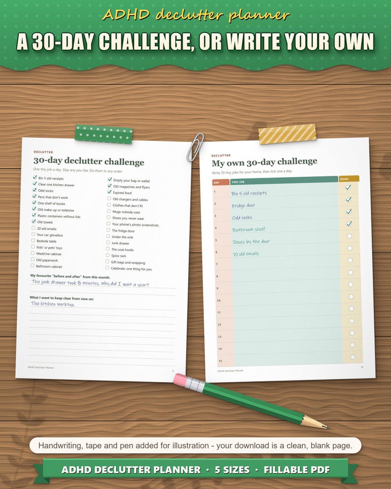 30-day declutter challenge with ticked days, next to a blank challenge to write your own