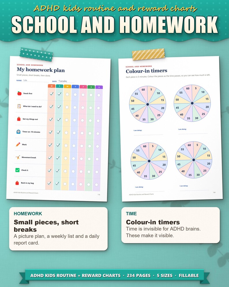 Homework plan and colour-in timers for kids with ADHD