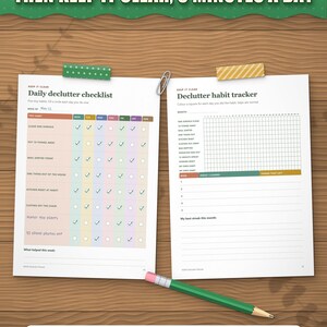 Daily declutter checklist with ticked habits and a monthly declutter habit tracker