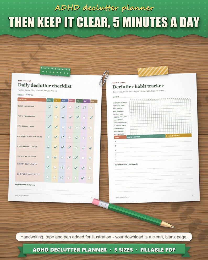 Daily declutter checklist with ticked habits and a monthly declutter habit tracker