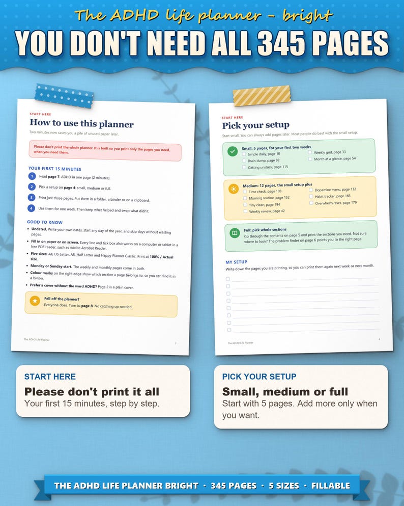 Start here page and pick your setup page: you don't need to print all 345 pages