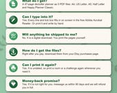 Frequently asked questions: what you get, typing into the PDF, no shipping, download, printing again, money back, sharing