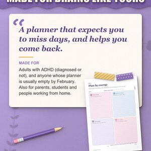 Who the planner is for: adults with ADHD whose planners are empty by February, parents and students
