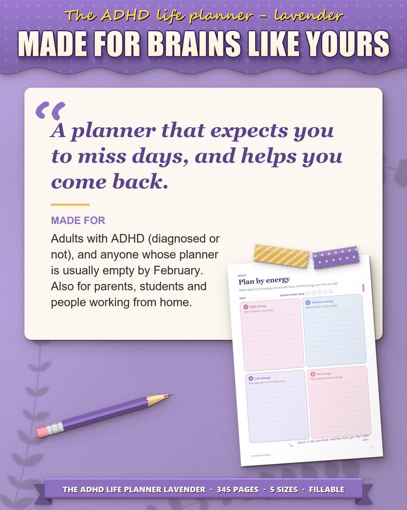 Who the planner is for: adults with ADHD whose planners are empty by February, parents and students