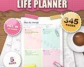 The ADHD Life Planner sorbet edition 2026 2027 printable, plan by energy daily page in pastel sorbet colours on a desk, 345 pages, 5 sizes, fill in on screen