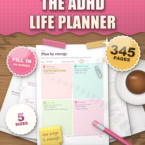 The ADHD Life Planner sorbet edition 2026 2027 printable, plan by energy daily page in pastel sorbet colours on a desk, 345 pages, 5 sizes, fill in on screen