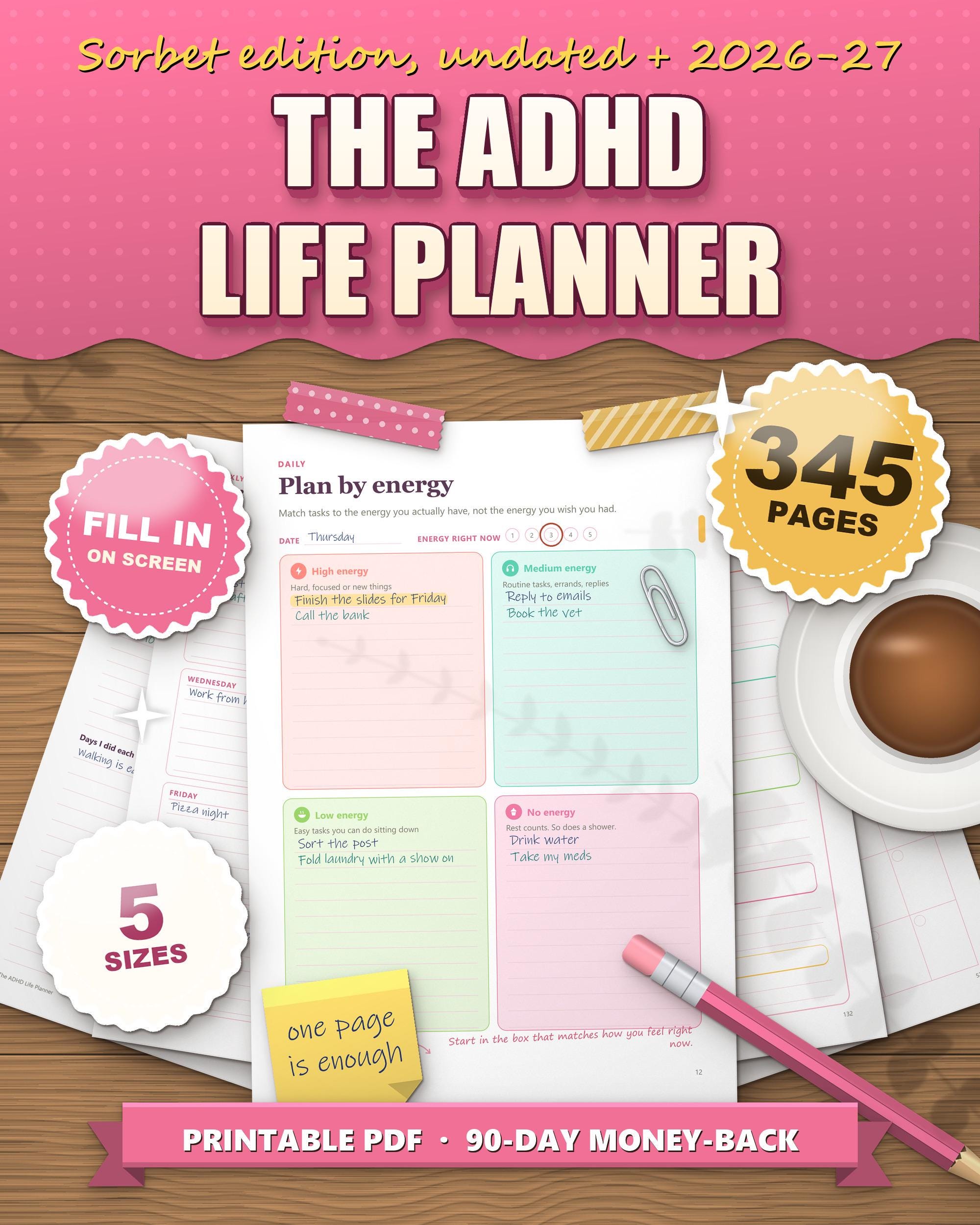 The ADHD Life Planner sorbet edition 2026 2027 printable, plan by energy daily page in pastel sorbet colours on a desk, 345 pages, 5 sizes, fill in on screen