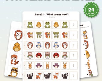 Tarjetas de patrones imprimibles de What Comes Next, juego de emparejar mitades, animales del bosque, actividad matemática preescolar, PDF para recortar y pegar