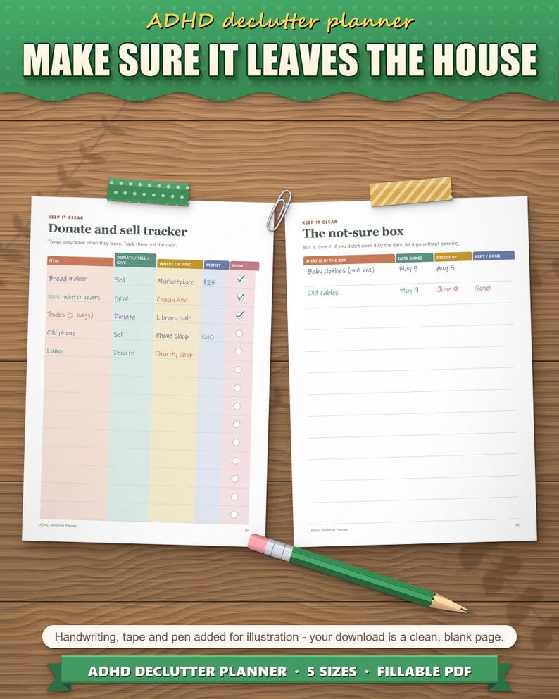 Donate and sell tracker and not-sure box log filled in by hand
