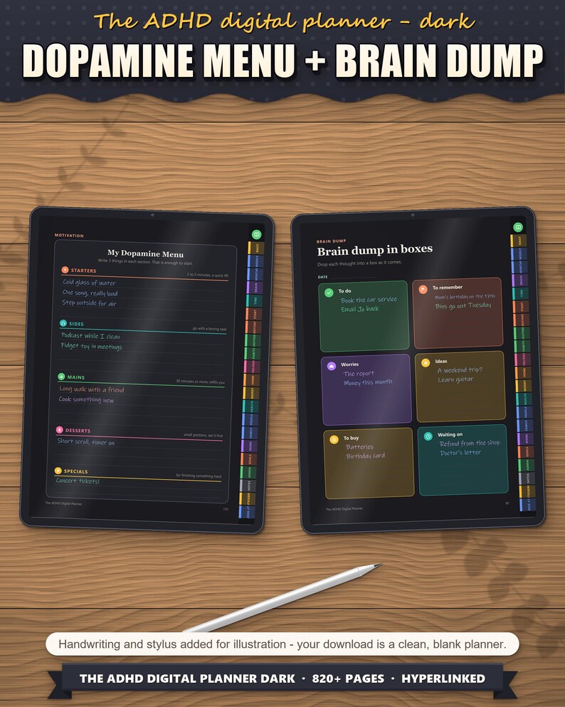 Dopamine menu and brain dump in boxes on tablets, filled in as an example