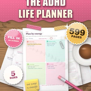 Sorbet Pastel ADHD Planner 2026 2027 2028 Printable, Dated and Undated, 599 Page Fillable PDF, Daily Weekly Monthly Pages, Dopamine Menu