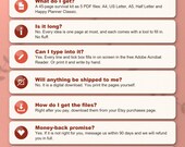 Frequently asked questions: what you get, how long it is, typing into the PDF, no shipping, download, money back, sharing