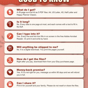 Frequently asked questions: what you get, how long it is, typing into the PDF, no shipping, download, money back, sharing