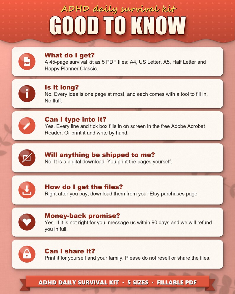Frequently asked questions: what you get, how long it is, typing into the PDF, no shipping, download, money back, sharing