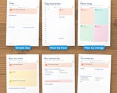 Six daily page layouts: simple day, hour by hour, plan by energy, must nice bonus, bare minimum and low-energy day