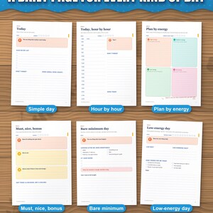 Six daily page layouts: simple day, hour by hour, plan by energy, must nice bonus, bare minimum and low-energy day